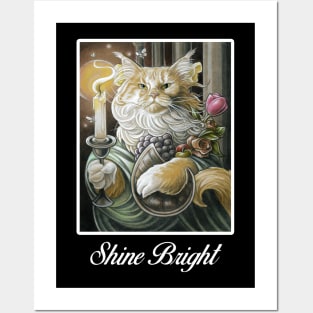 Candle Light Cat - Shine Bright Quote - White Outlined Version Posters and Art